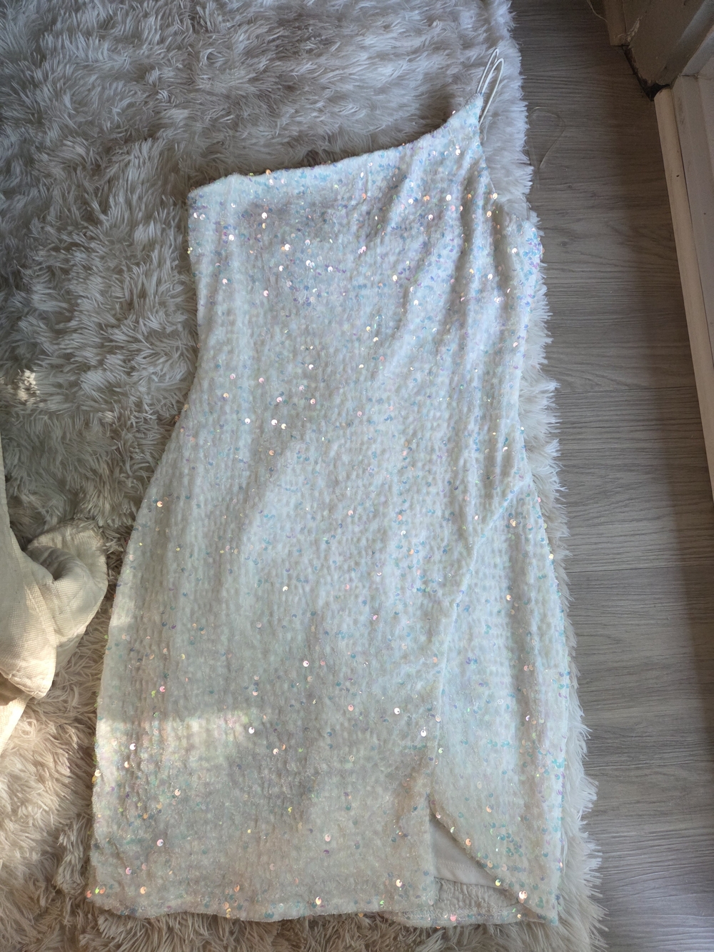 Crystal Doll Iridescent Sequin One-Shoulder Dress - Ivory